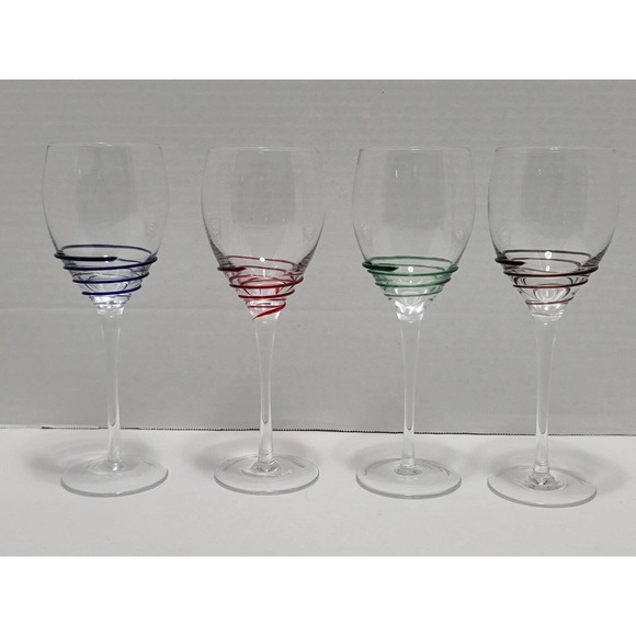 SET OF 4 PIER 1 WINE GLASSES WITH SWIRL OVERLAY MULTI COLORED MOUTH BLOWN